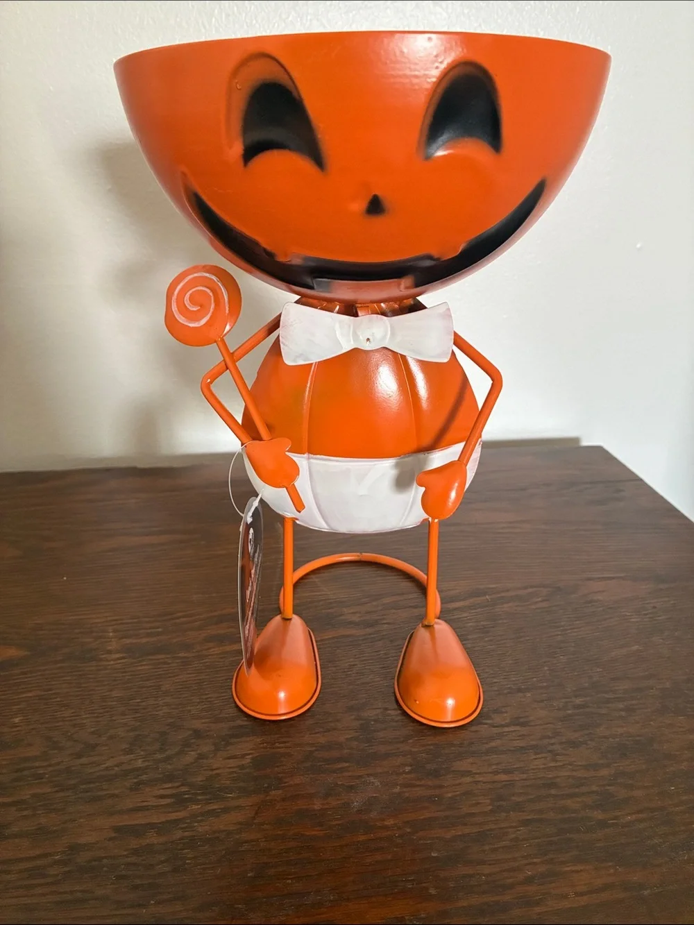 NWT- Orange Metal Jack-o-lantern Pumpkin Man Halloween Candy Bowl